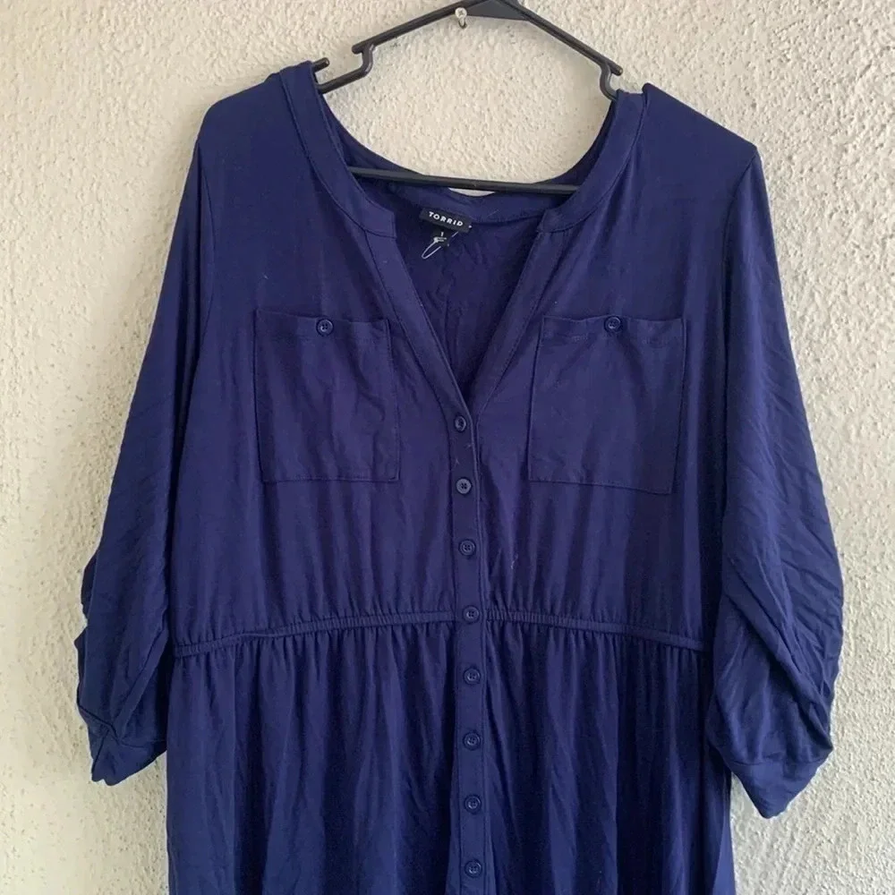 Torrid Jersey Knit Shirt Dress Blue Button Front 3/4 Sleeves Knee Size 1X - Picture 3 of 6